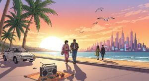 Anime city pop beach background image 2