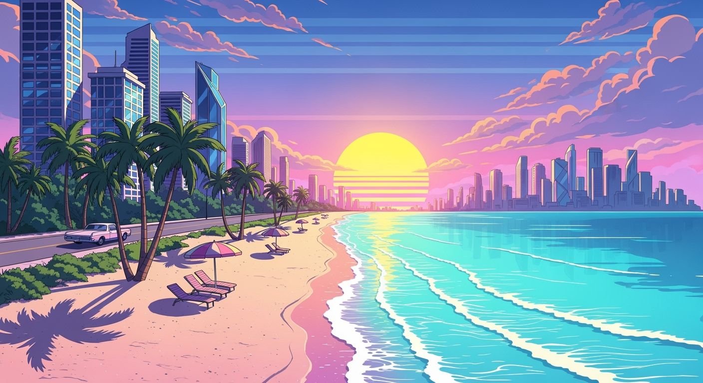 Anime city pop beach background image 4