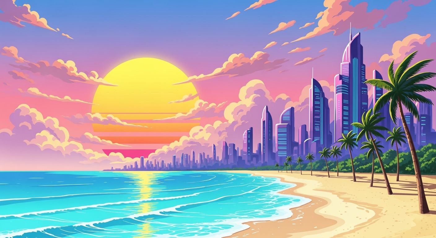Anime city pop beach background image
