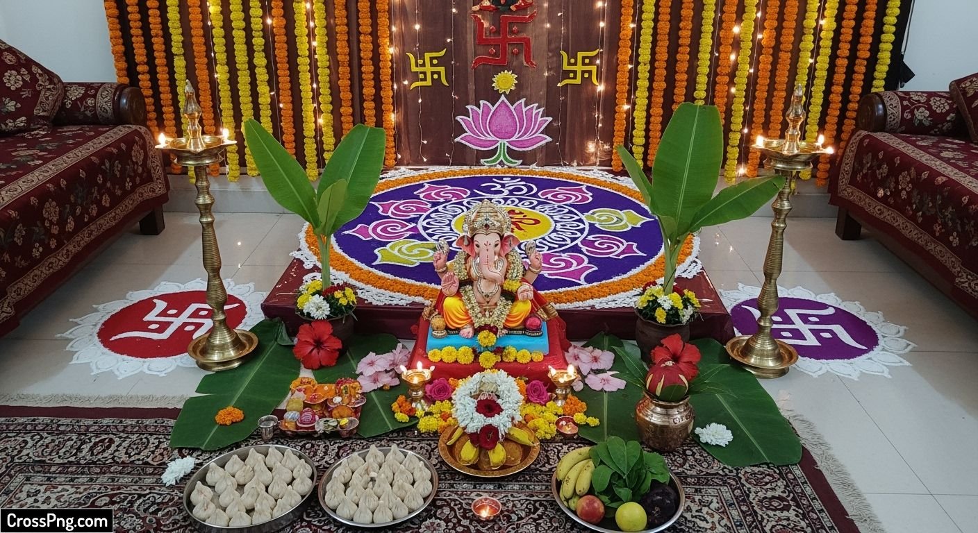 Ganpati background decoration ideas at home image