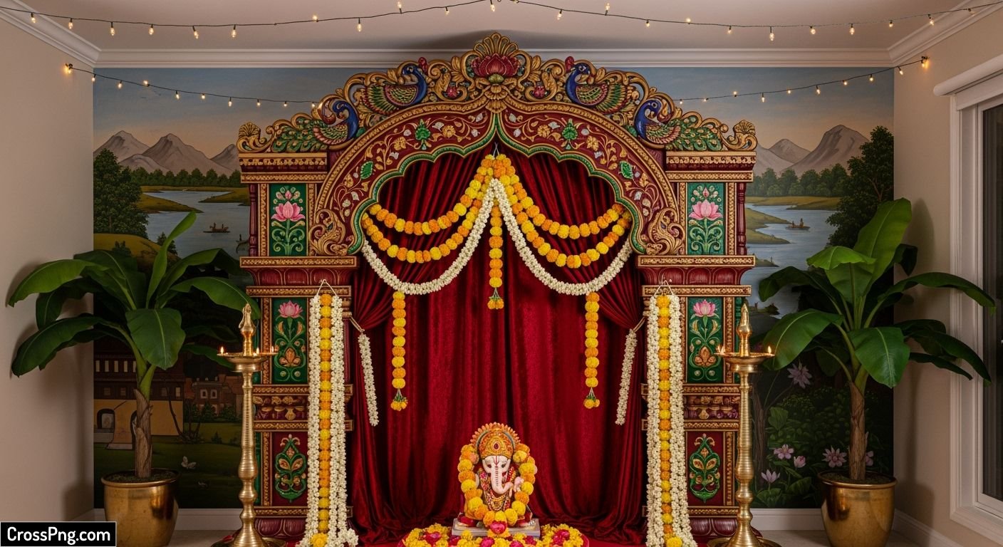 Ganpati background decoration ideas at home image 2