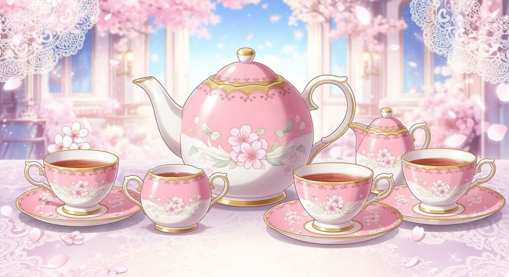 Pink anime tea set background image