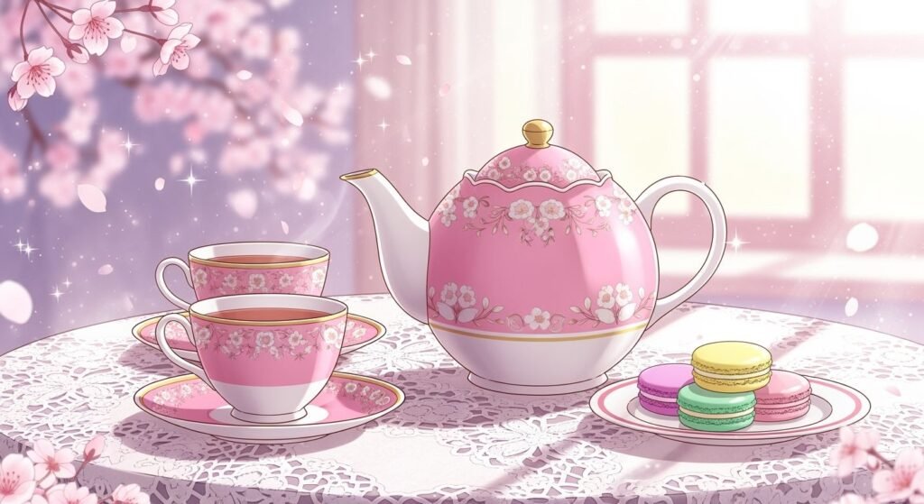 Pink anime tea set background image 2