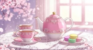 Pink anime tea set background image 2