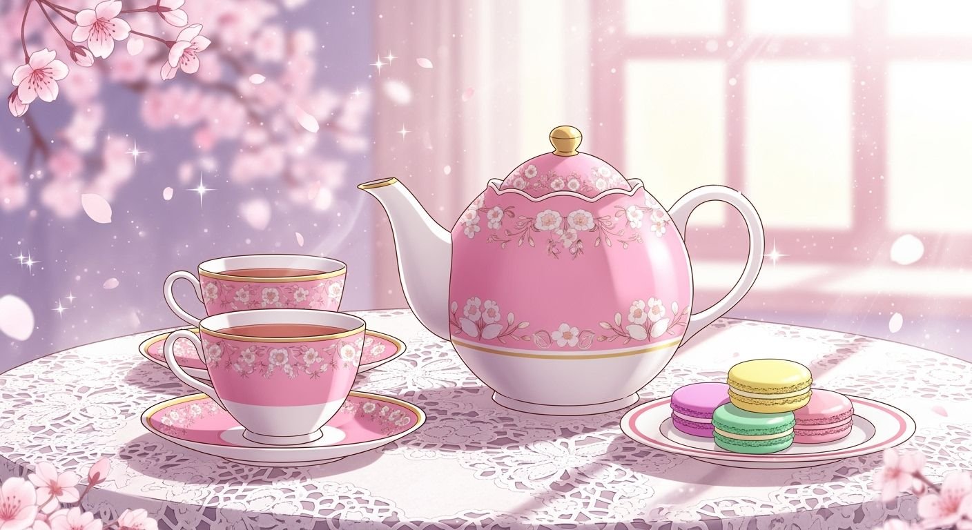 Pink anime tea set background image 2