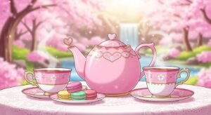 Pink anime tea set background image 3