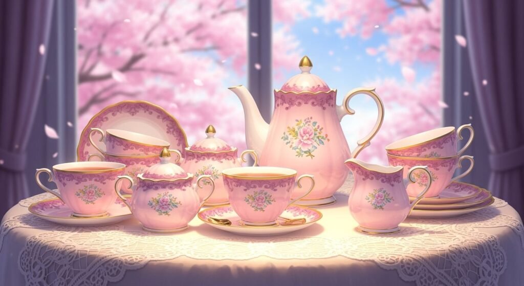Pink anime tea set background image 4