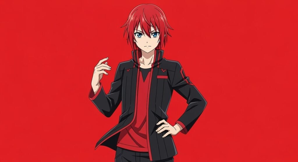 Red background with anime character image