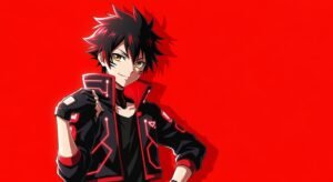 Red background with anime character image 2