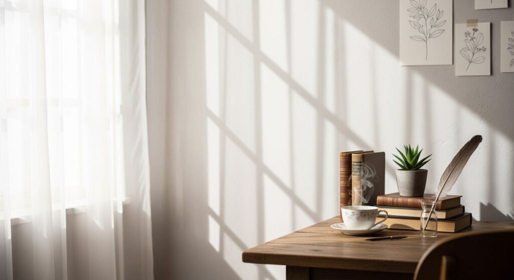 Wooden table with a cup of
