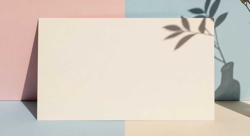 Blank card sitting on top of a table next to a plant Background Image