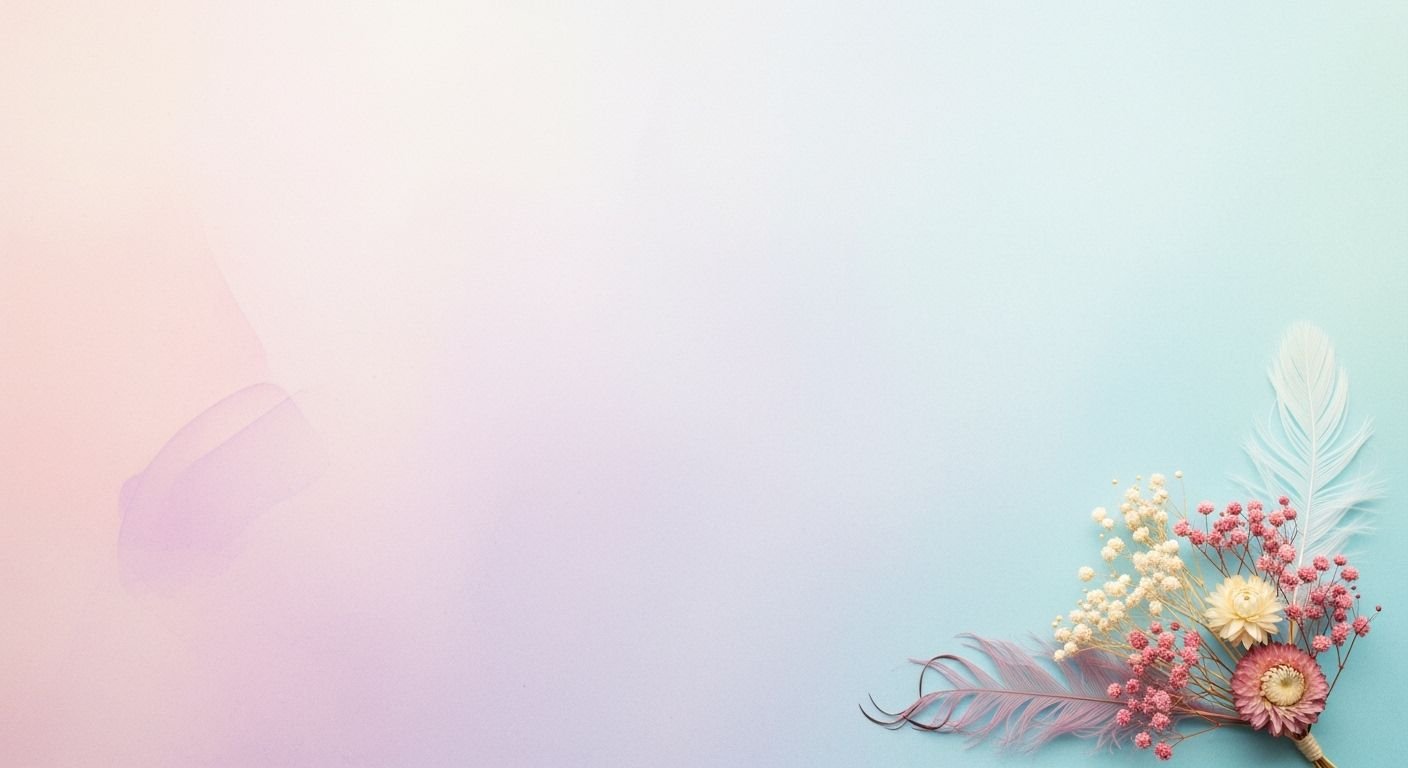Bouquet of flowers and feathers on a blue and pink background Background Image