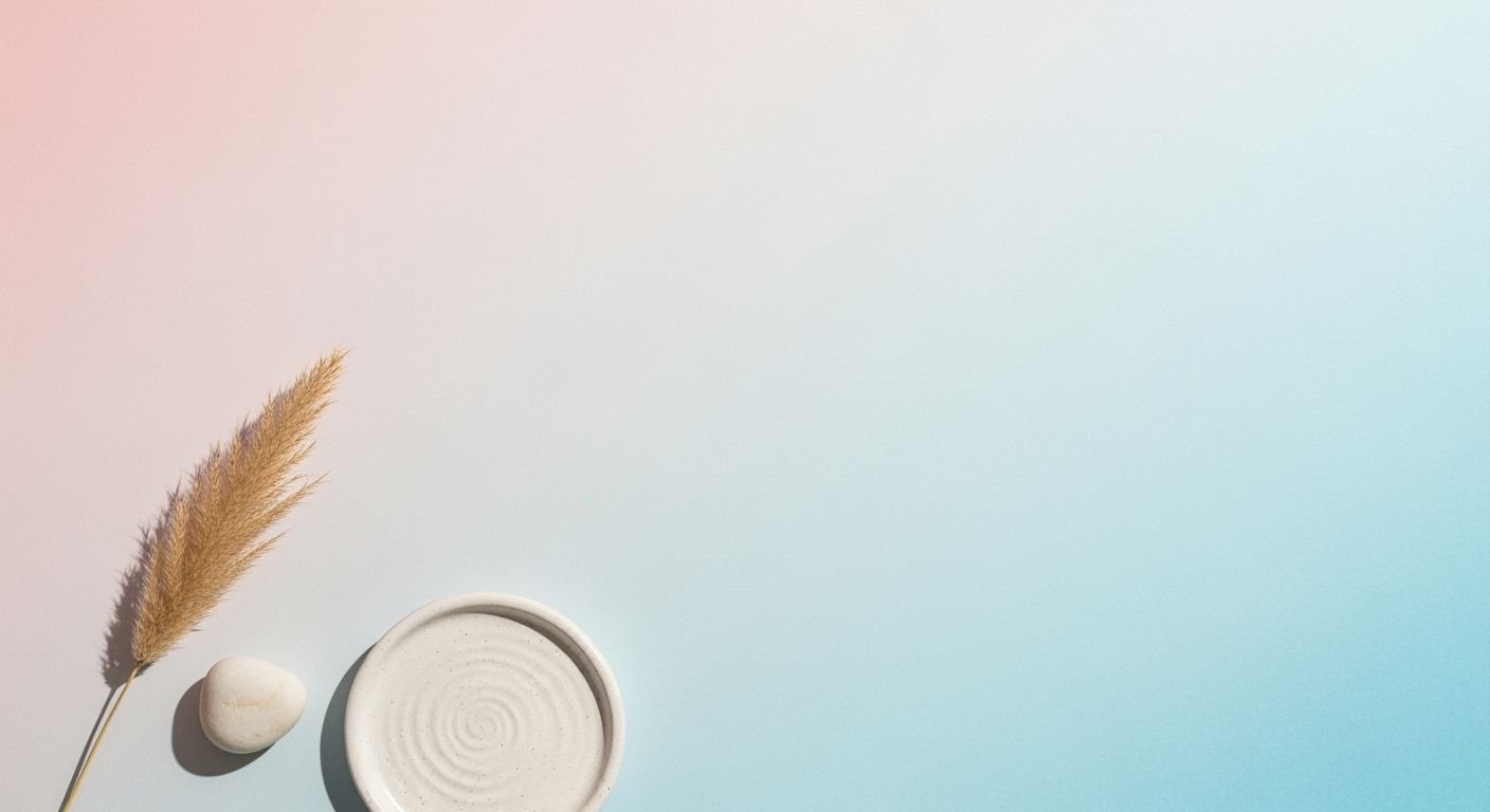Bowl of cream next to a plant on a blue and pink background Background Image
