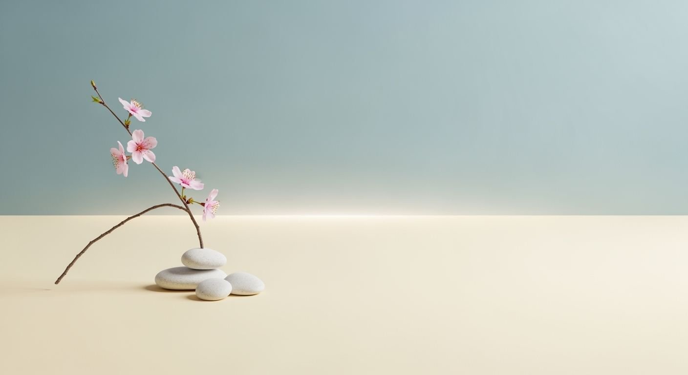 Branch of cherry blossom sitting on top of a pile of white stones Background Image