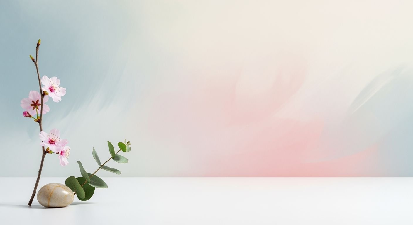 Branch of cherry blossom with a stone on a table Background Image