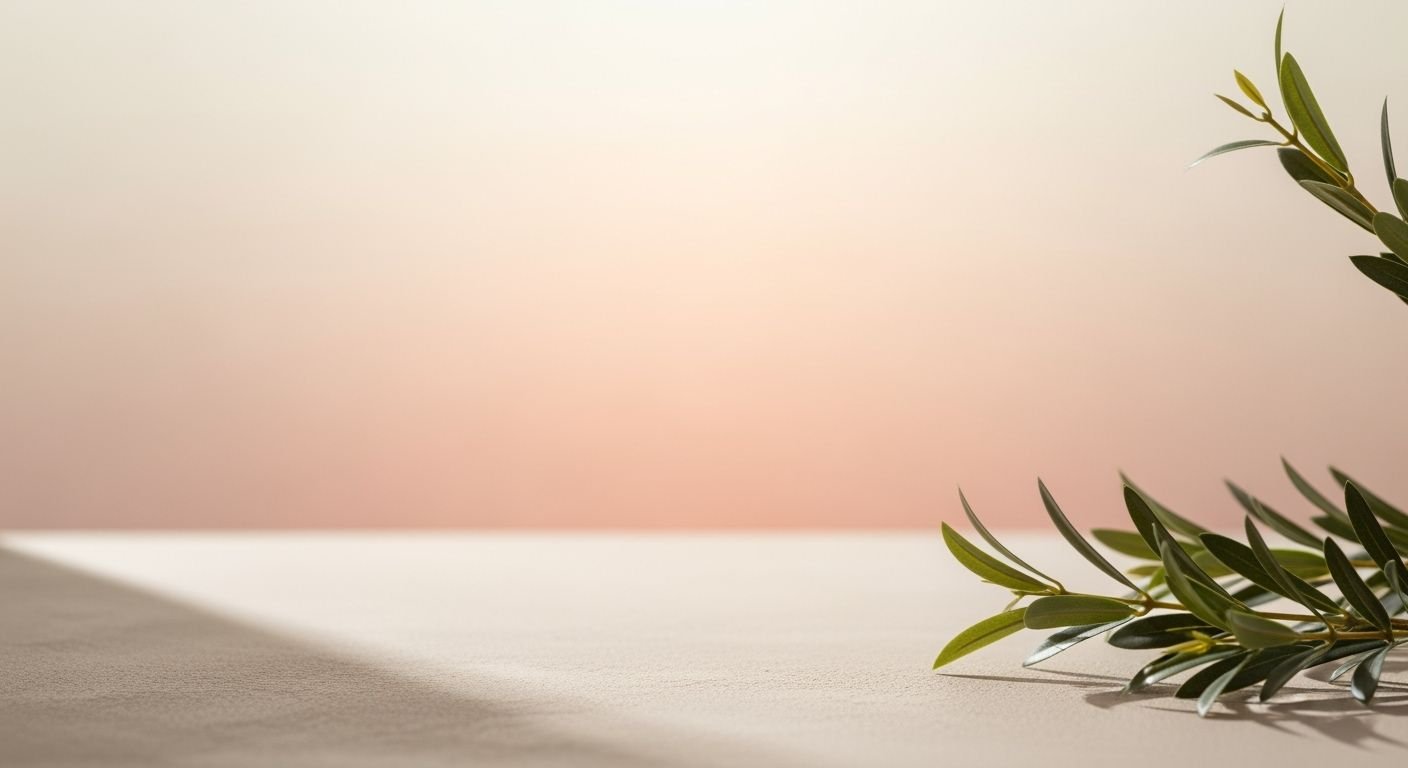 Branch of olive tree on a white table Background Image
