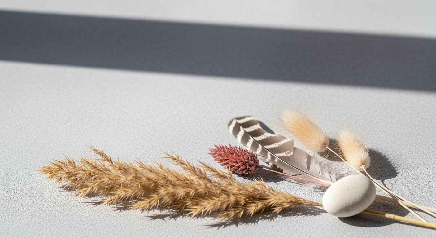 Bunch of dried grass and feathers on a table Background Image