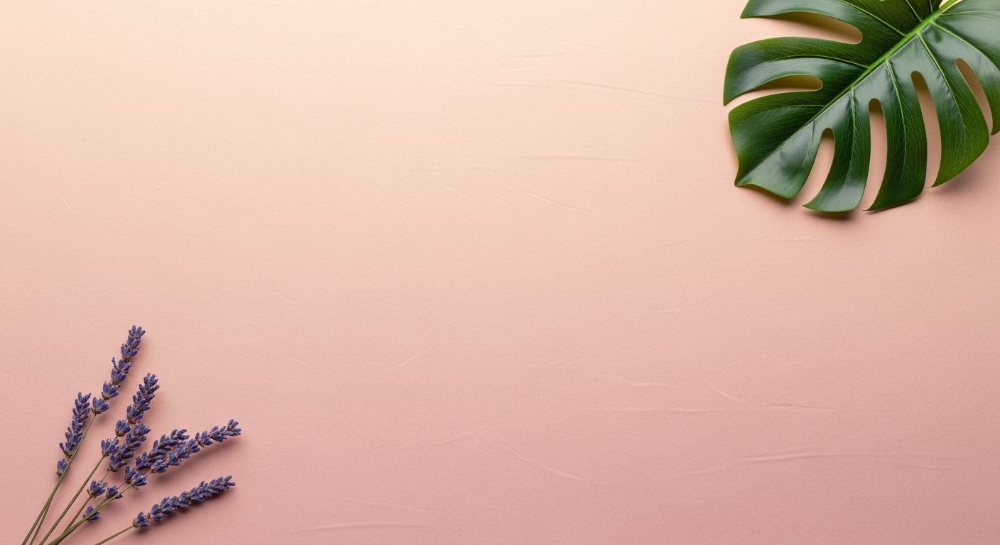Bunch of lavender flowers and a green leaf on a pink background Background Image