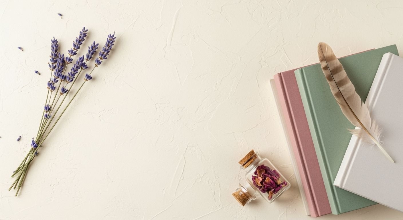 Bunch of lavender flowers next to a notebook and a feather Background Image
