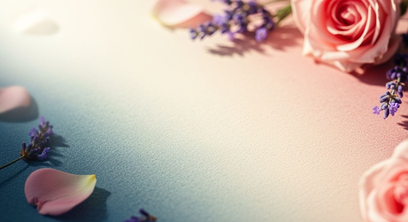 Bunch of pink roses and lavender petals on a blue surface Background Image