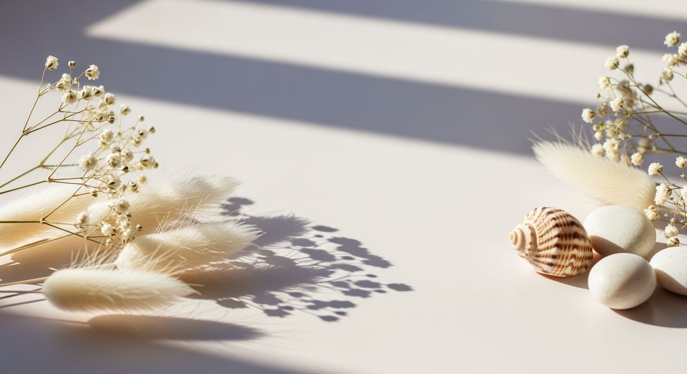 Bunch of white feathers and a shell on a table Background Image