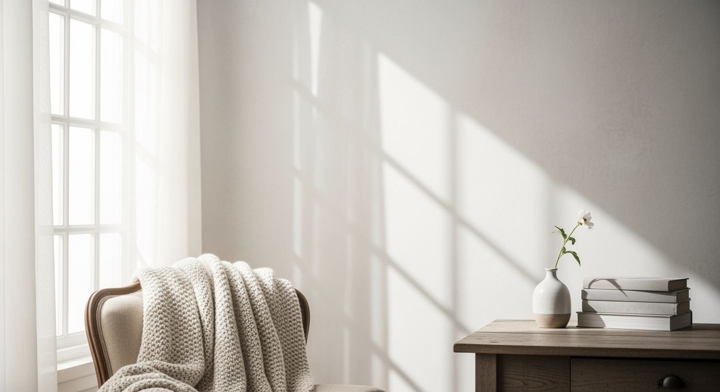 Chair with a blanket on top of it next to a window Background Image
