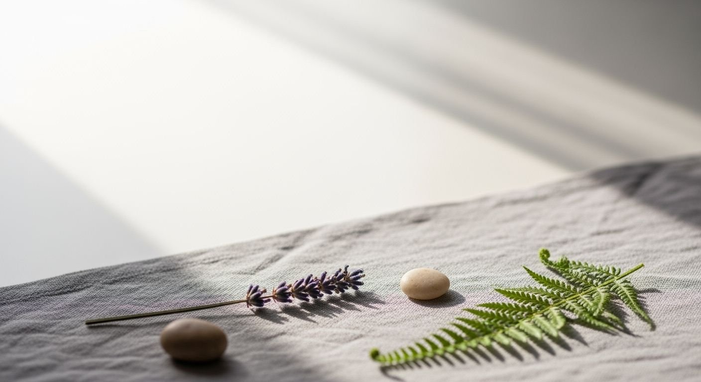 Close up of a fern and a stone on a table Background Image