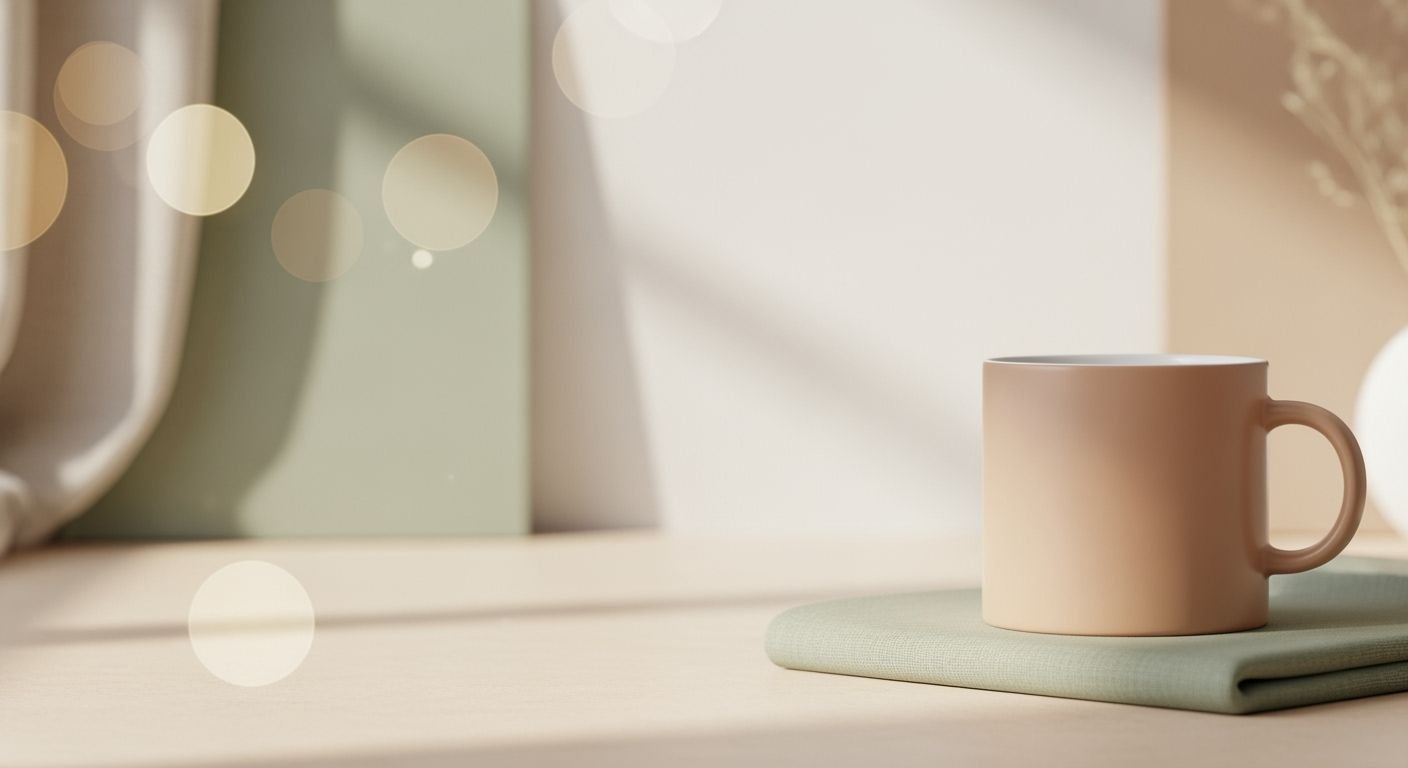 Coffee cup sitting on top of a table next to a vase Background Image