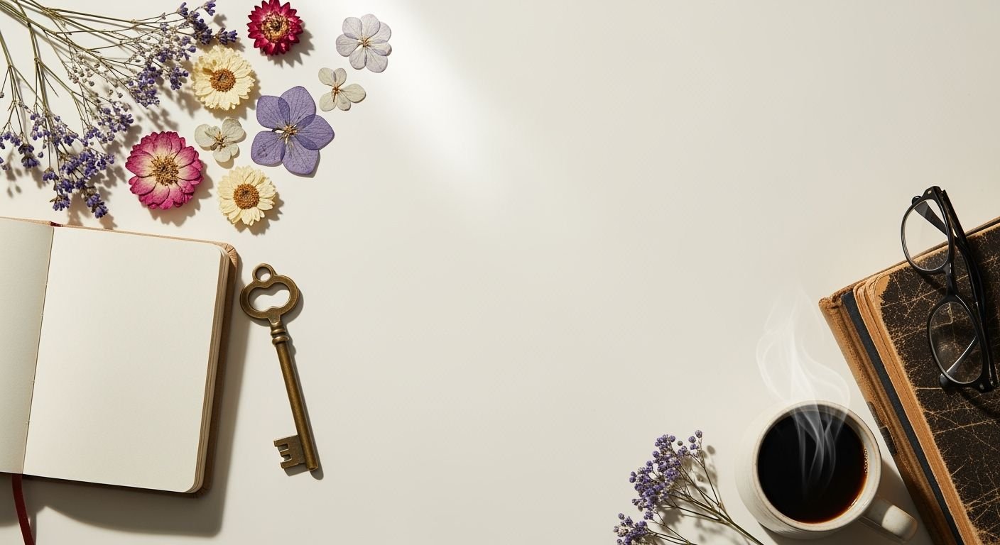 Cup of coffee, a book, a key, and flowers on a table Background Image