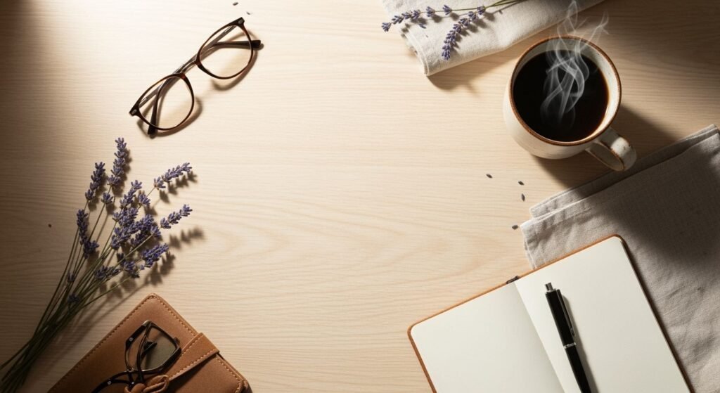 Cup of coffee, a notebook, a pen, and a pair of glasses on a wooden table Background Image