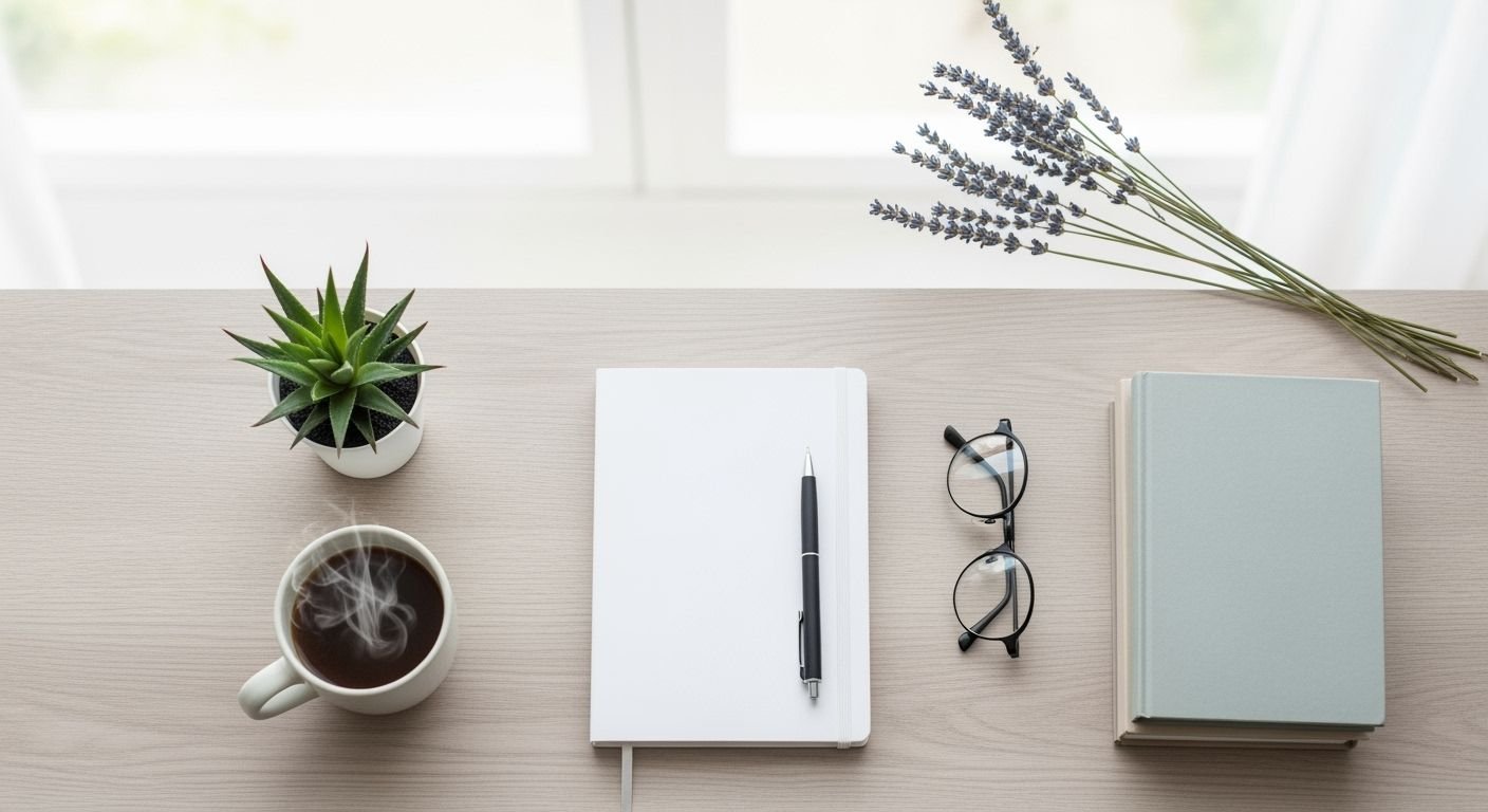 Cup of coffee, a notebook, and a pen on a table Background Image