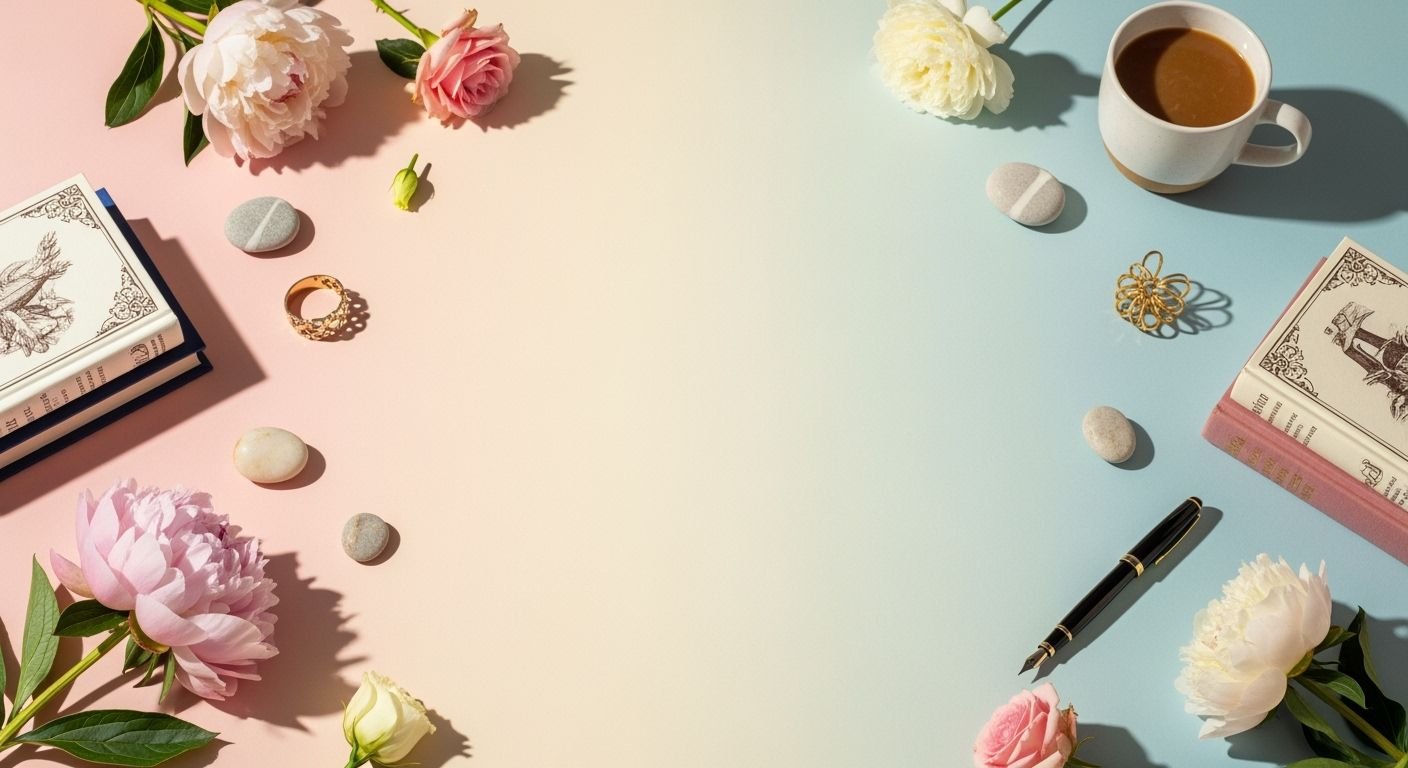 Cup of coffee, books and flowers on a pink and blue background Background Image