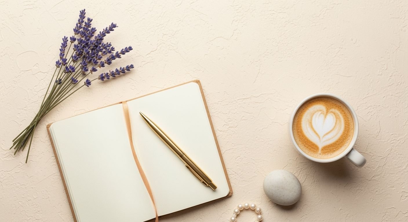 Cup of coffee next to a notebook and a pen Background Image