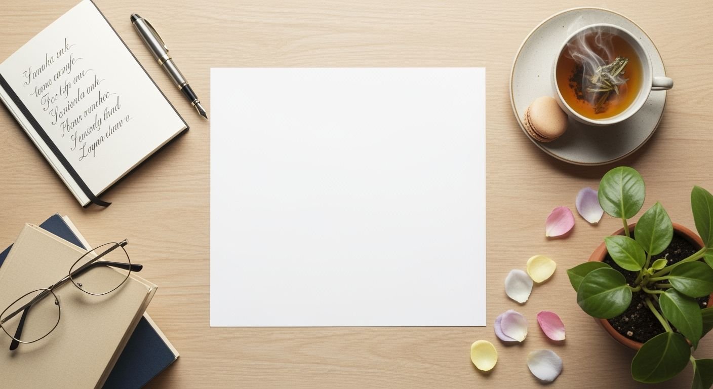 Cup of tea, a notebook, a pen, and a plant on a table Background Image