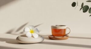 Cup of tea and a flower on a table Background Image