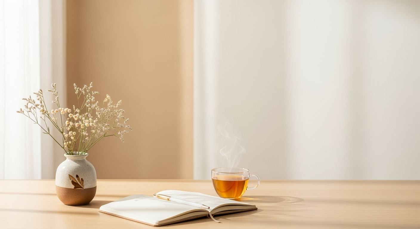 Cup of tea and a notebook on a table Background Image
