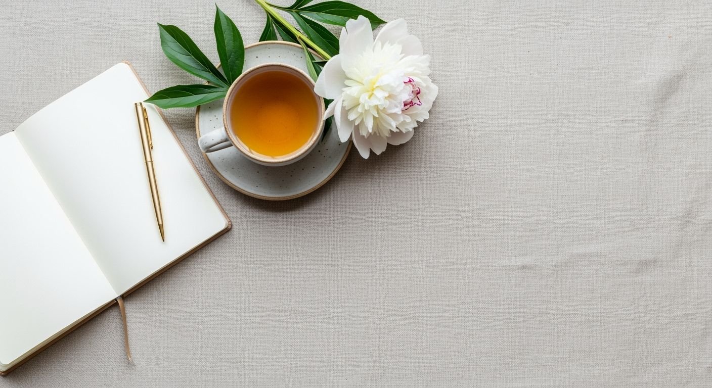 Cup of tea and a notebook on a table Background Image