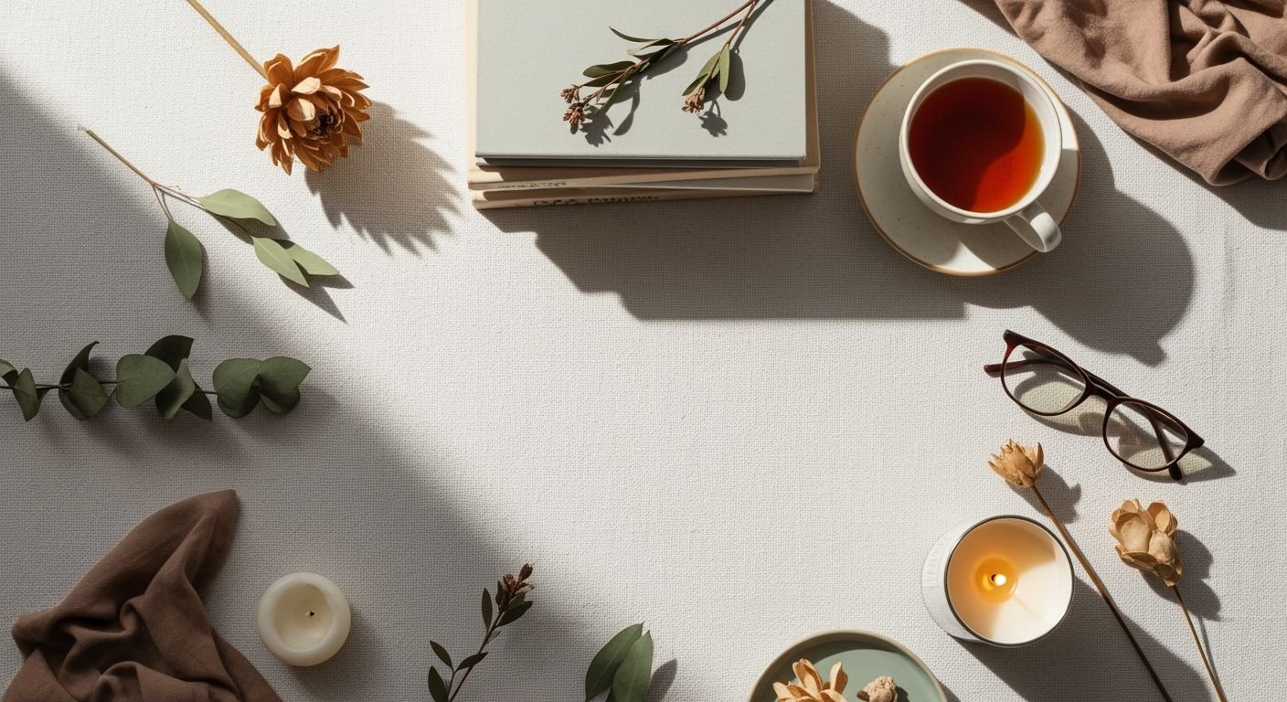 Cup of tea, books, glasses, and flowers on a table Background Image