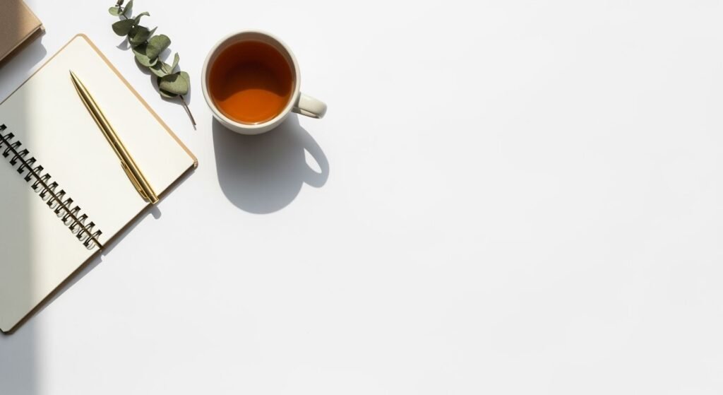 Cup of tea next to a notebook and a pen Background Image