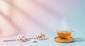 Cup of tea with a branch of cherry blossom next to it Background Image