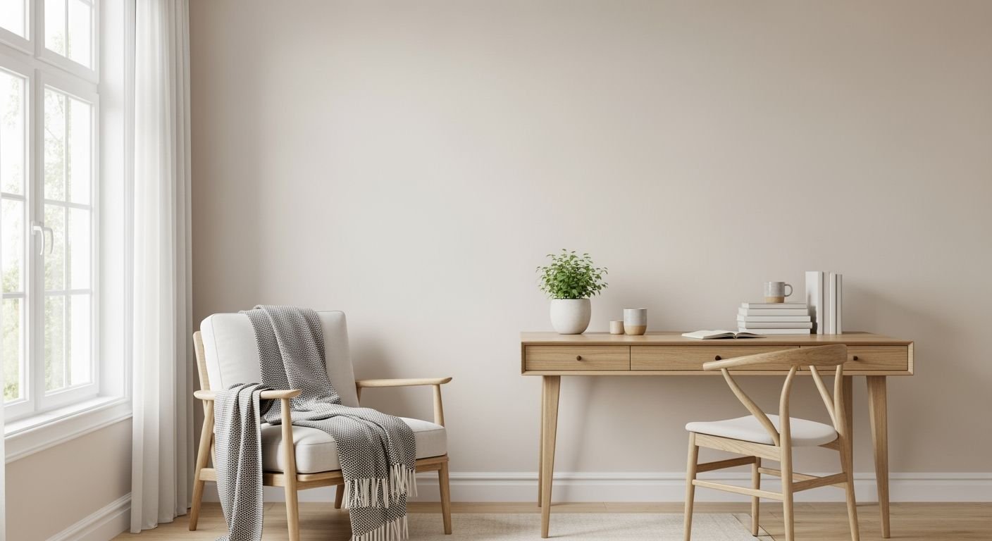 Desk and chair in a room with a window Background Image