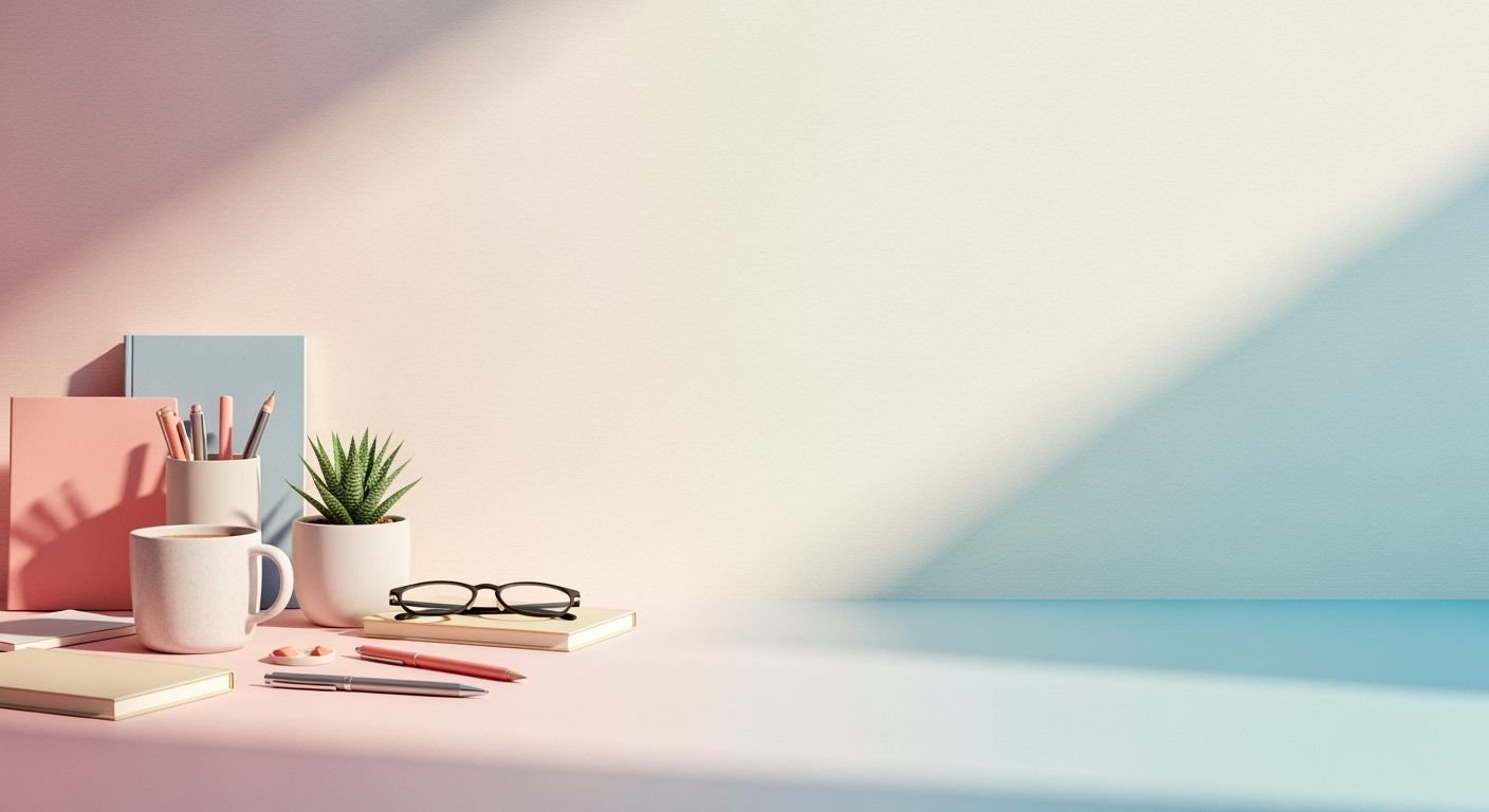 Desk with a cup of coffee, books, and a plant on it Background Image