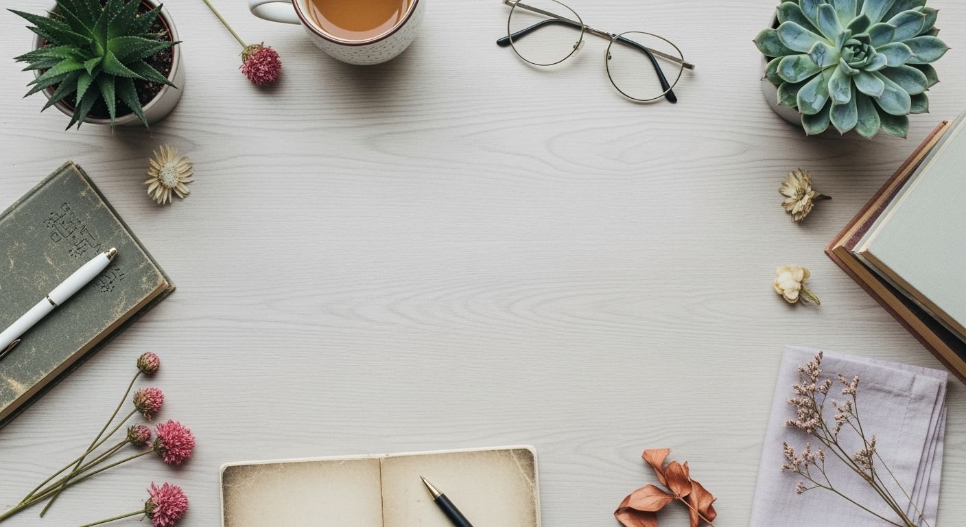 Desk with a cup of coffee, books and flowers on it Background Image