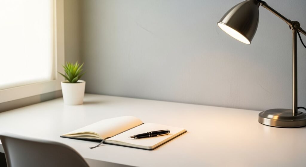 Desk with a lamp and a notebook on it Background Image