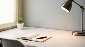 Desk with a lamp and a notebook on it Background Image