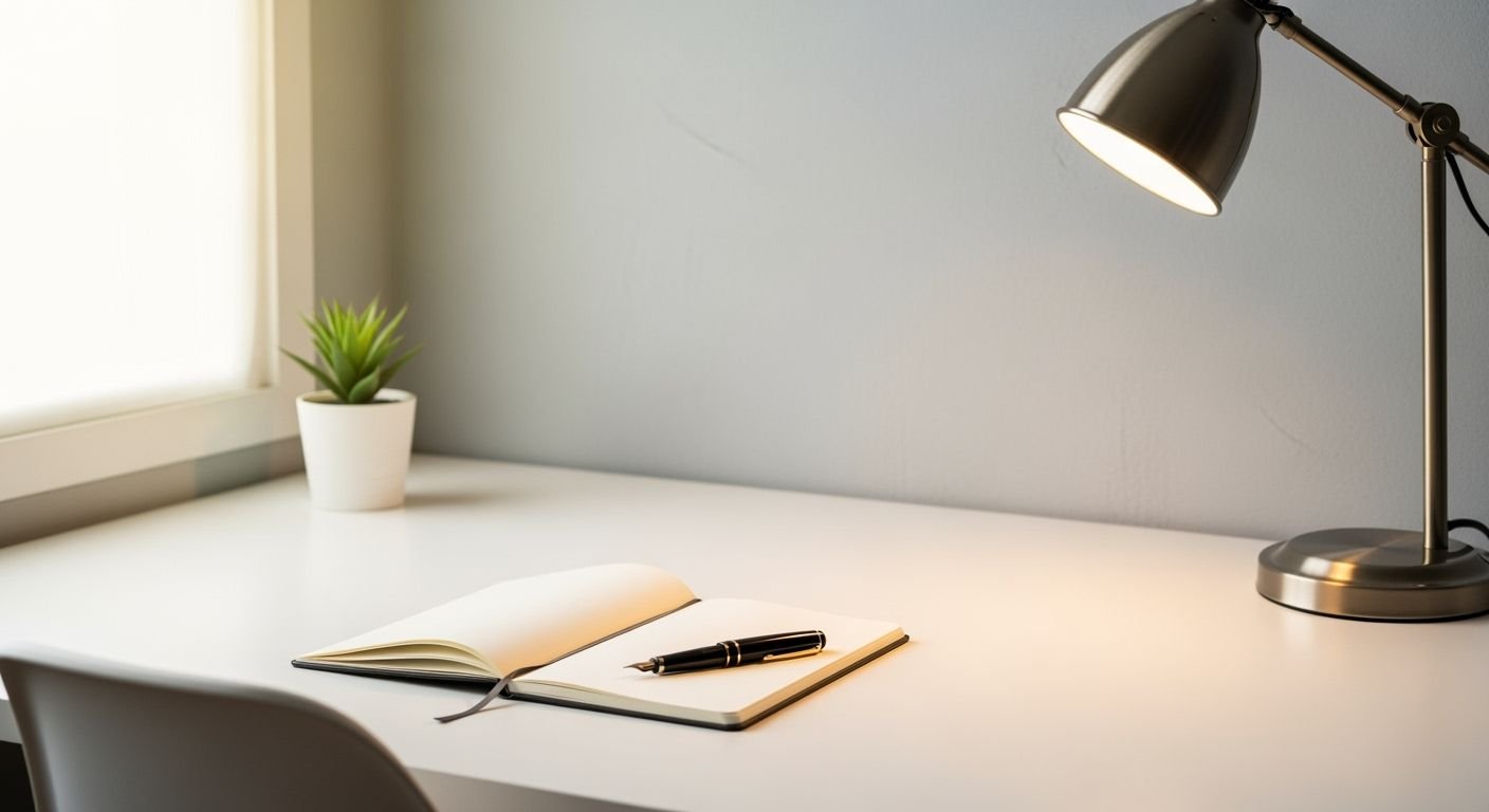 Desk with a lamp and a notebook on it Background Image