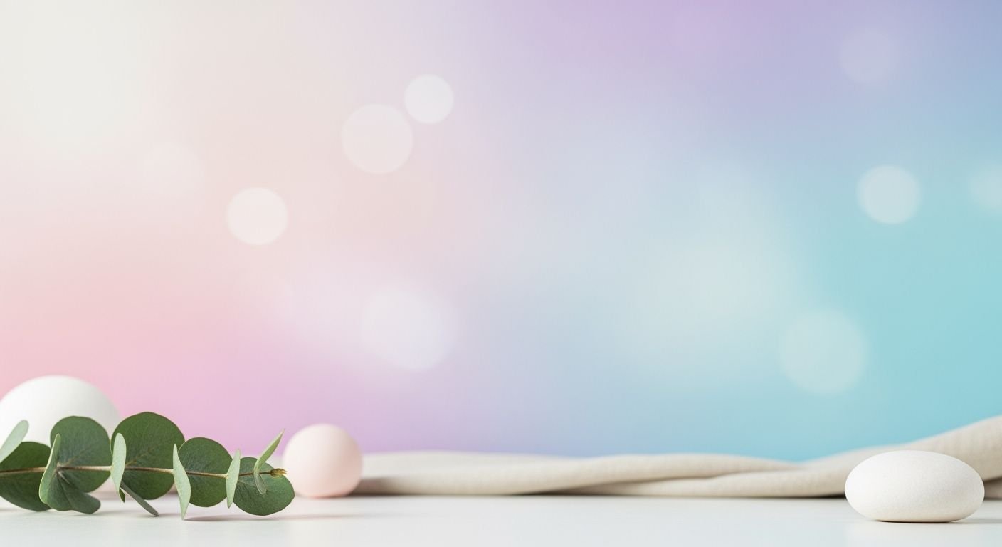 Easter eggs and eucalyptus leaves on a white table Background Image