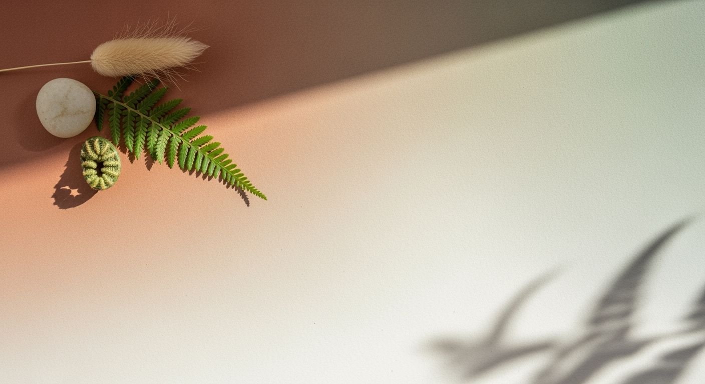 Fern leaf and a white stone on a pink and white surface Background Image