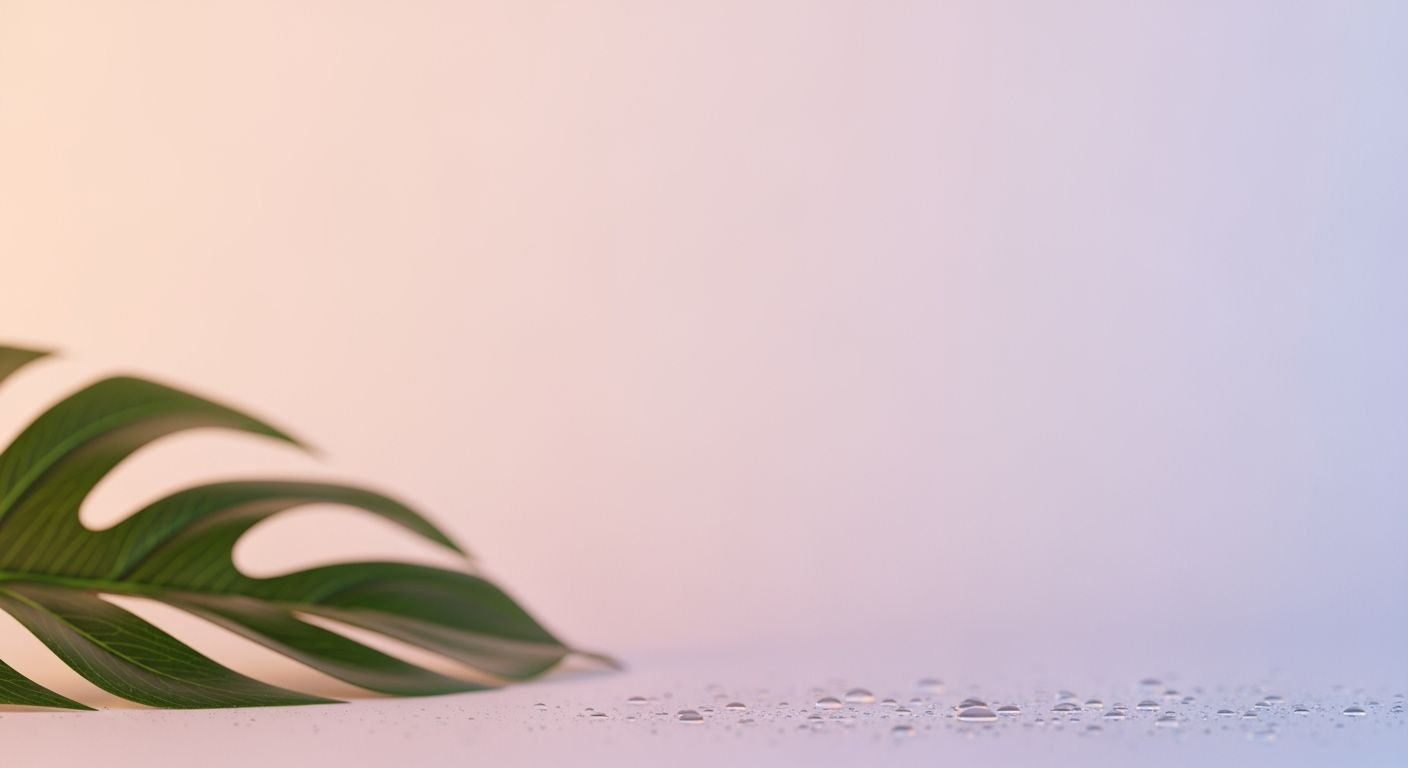 Green leaf on a pink surface with water droplets Background Image