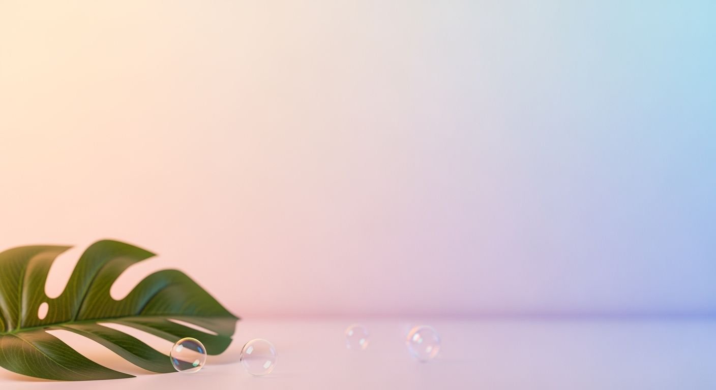 Green leaf sitting on top of a table next to bubbles Background Image